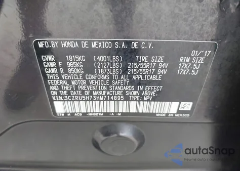 2017 Honda Hr-V Ex-L from USA, damaged, VIN 3CZRU5H73HM714895